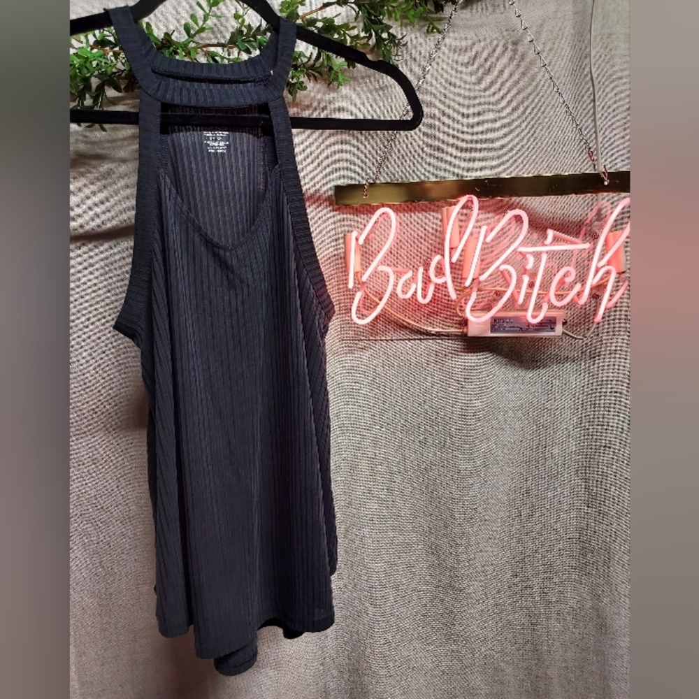 American eagle high neck chest cutout dark gray ribbed tank top